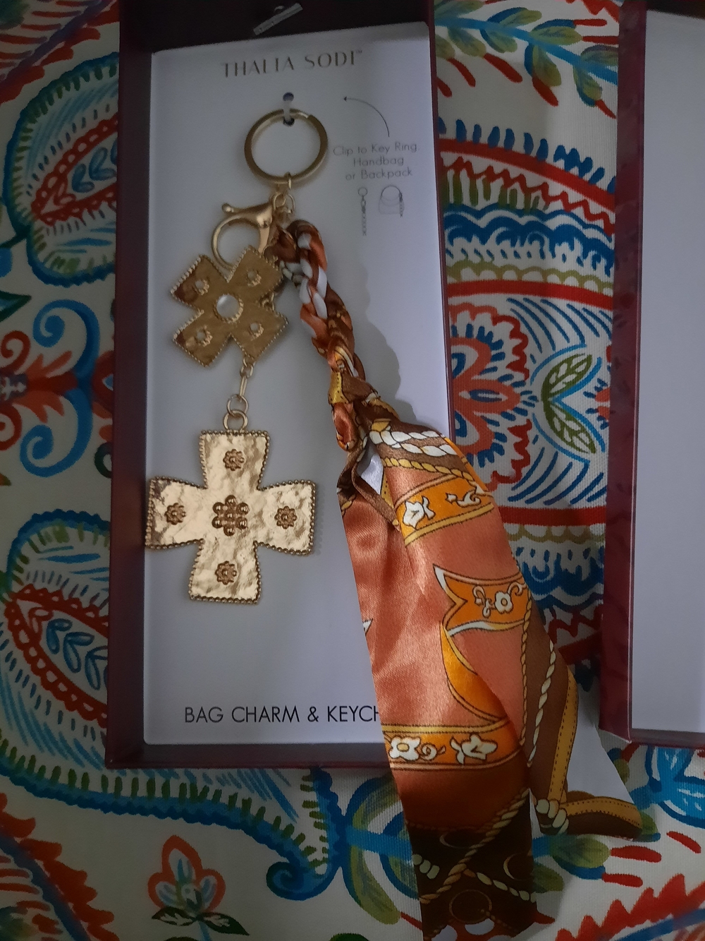 Thalia Sodi Gold-Tone Cross Keychain with Orange Scarf Tie
